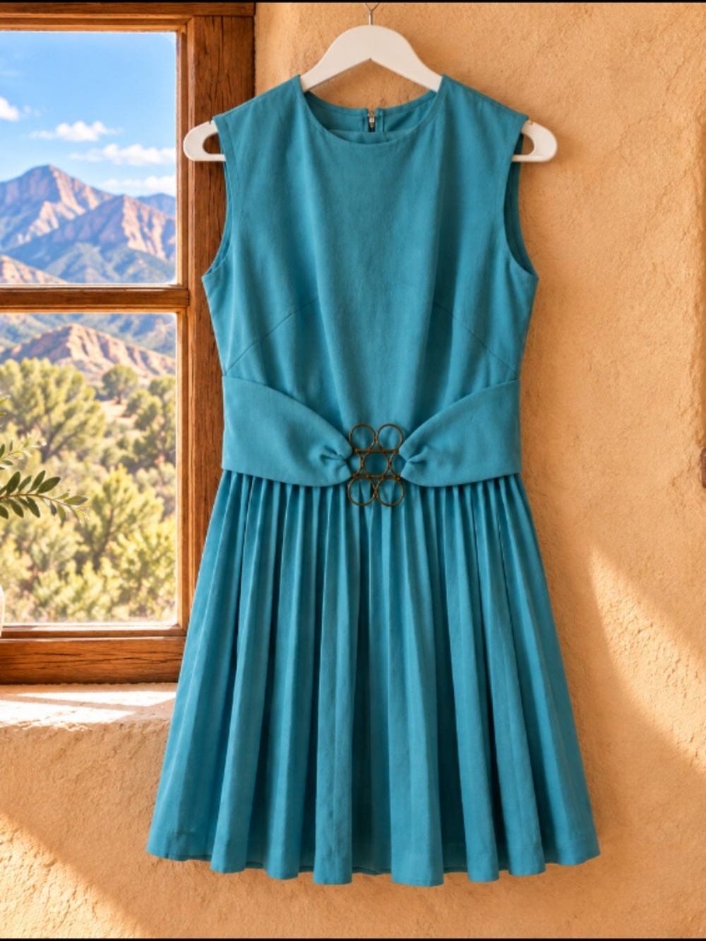 One-Owner Vintage 1960s 70s Aqua Pleated Dress Metal Ring Belt